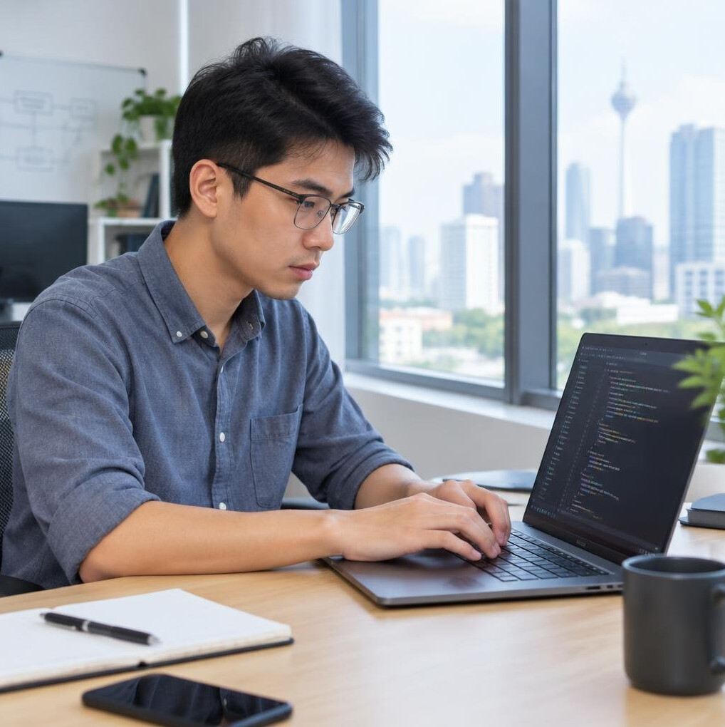 Software engineer coding on a laptop in a modern office